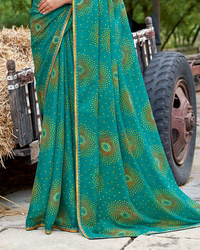 Vishal Prints Teal Green Printed Chiffon Traditional Print Saree With Fancy Border
