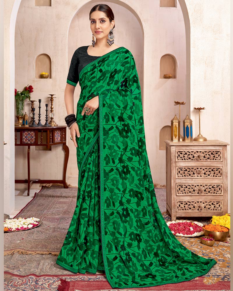 Vishal Prints Dark Spring Green Printed Georgette Saree With Fancy Border