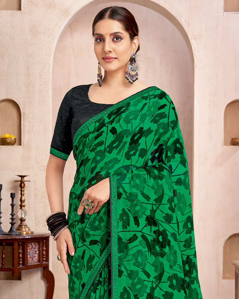 Vishal Prints Dark Spring Green Printed Georgette Saree With Fancy Border