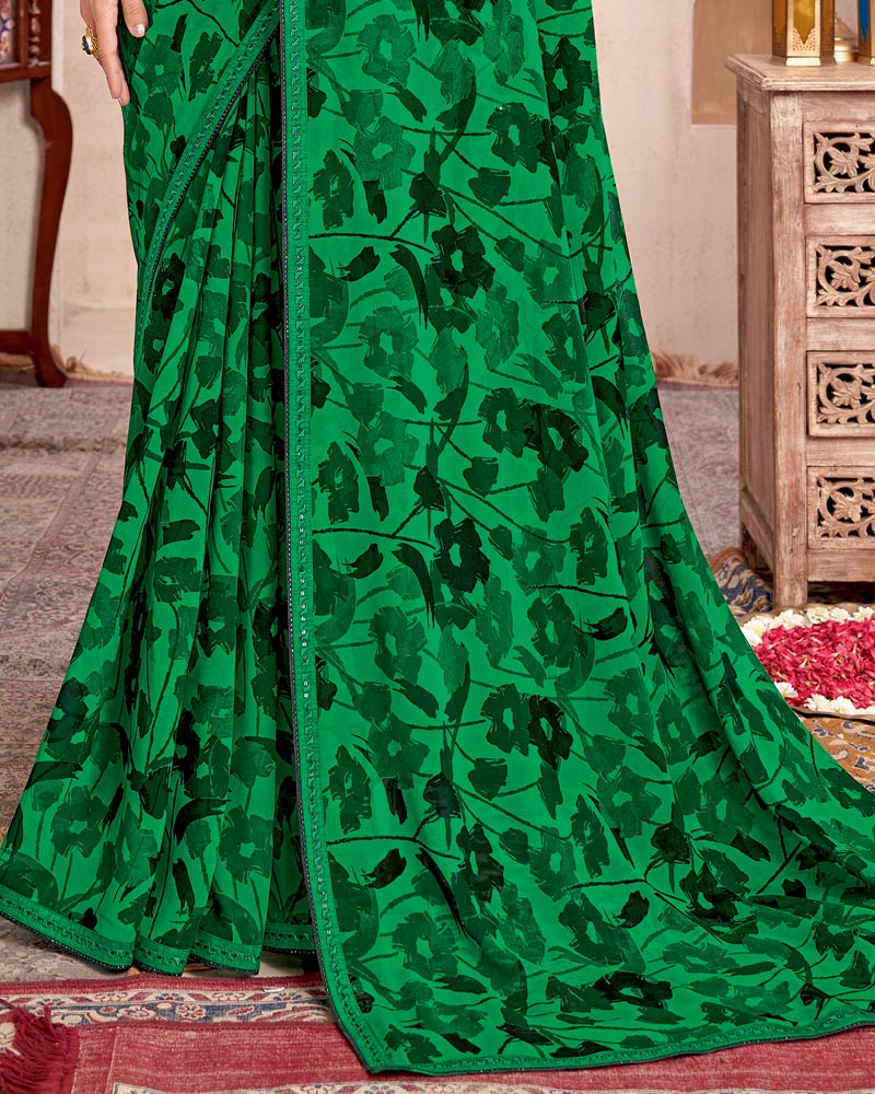 Vishal Prints Dark Spring Green Printed Georgette Saree With Fancy Border