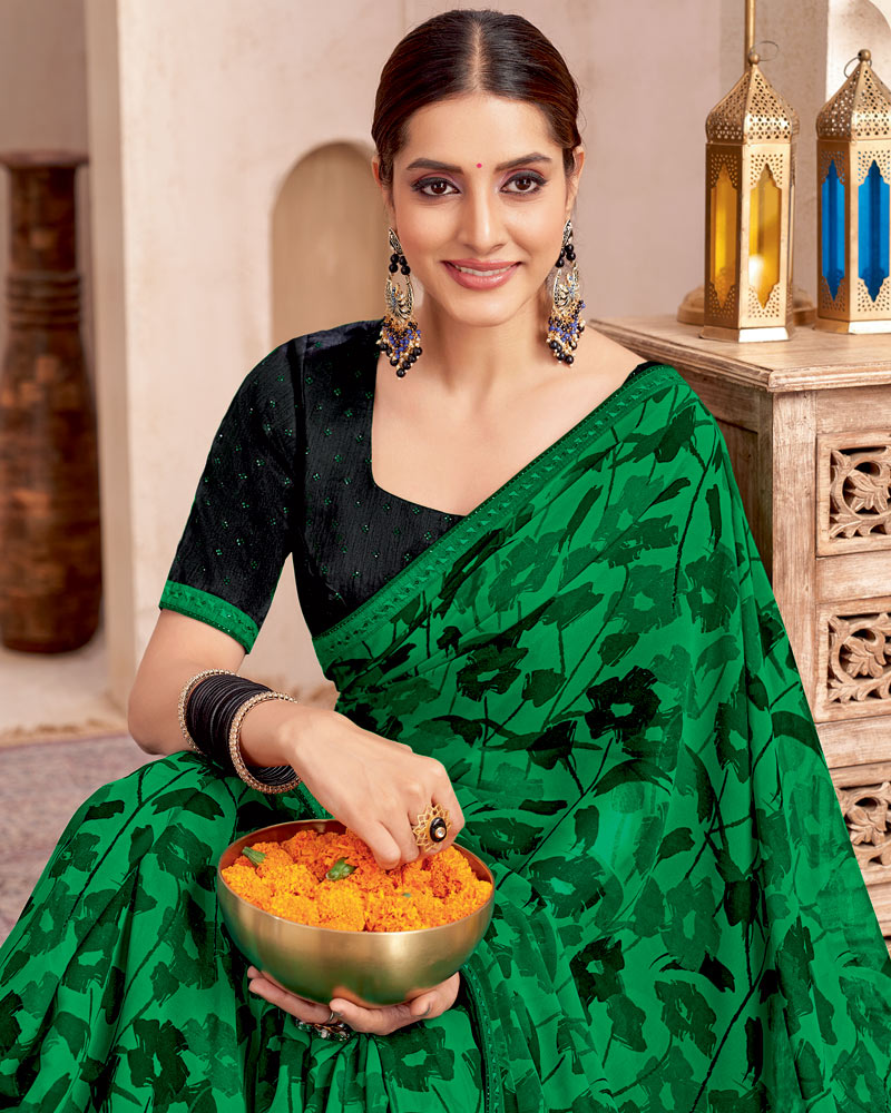 Vishal Prints Dark Spring Green Printed Georgette Saree With Fancy Border