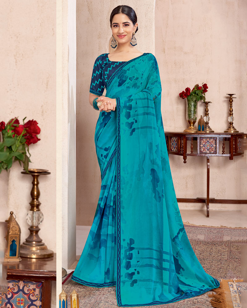 Vishal Prints Bondi Blue Printed Georgette Saree With Fancy Border