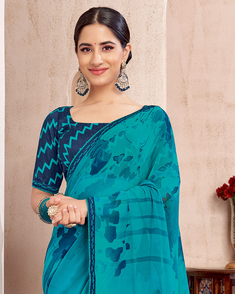 Vishal Prints Bondi Blue Printed Georgette Saree With Fancy Border