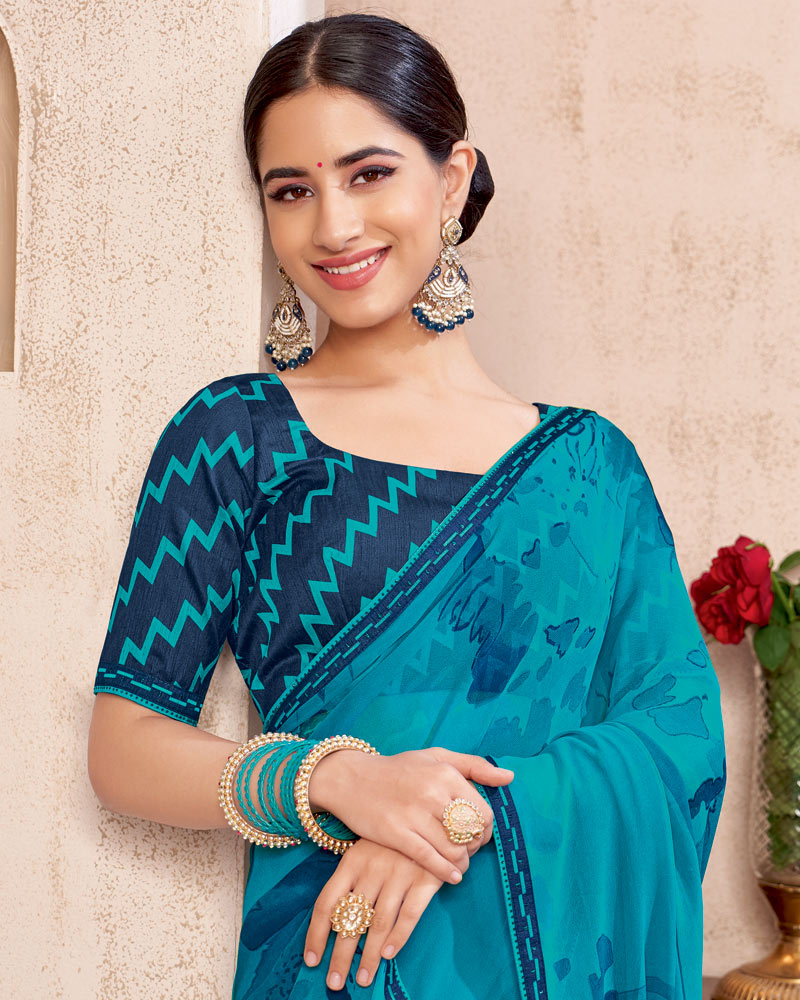 Vishal Prints Bondi Blue Printed Georgette Saree With Fancy Border