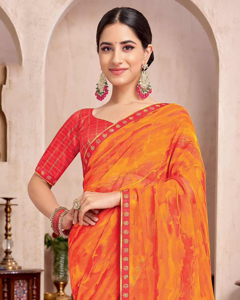 Vishal Prints Halloween Orange Printed Georgette Saree With Fancy Border