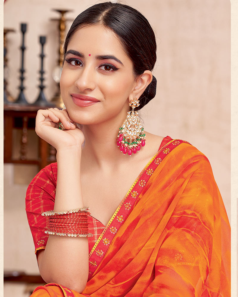 Vishal Prints Halloween Orange Printed Georgette Saree With Fancy Border