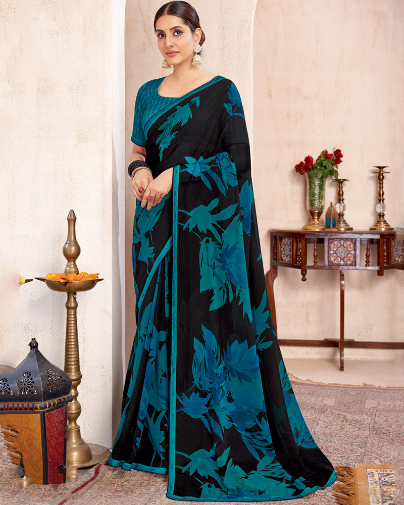 Vishal Prints Jade Black Printed Georgette Saree With Fancy Border