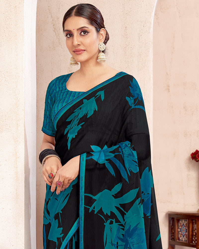 Vishal Prints Jade Black Printed Georgette Saree With Fancy Border