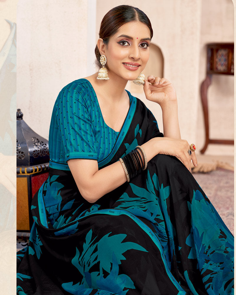 Vishal Prints Jade Black Printed Georgette Saree With Fancy Border