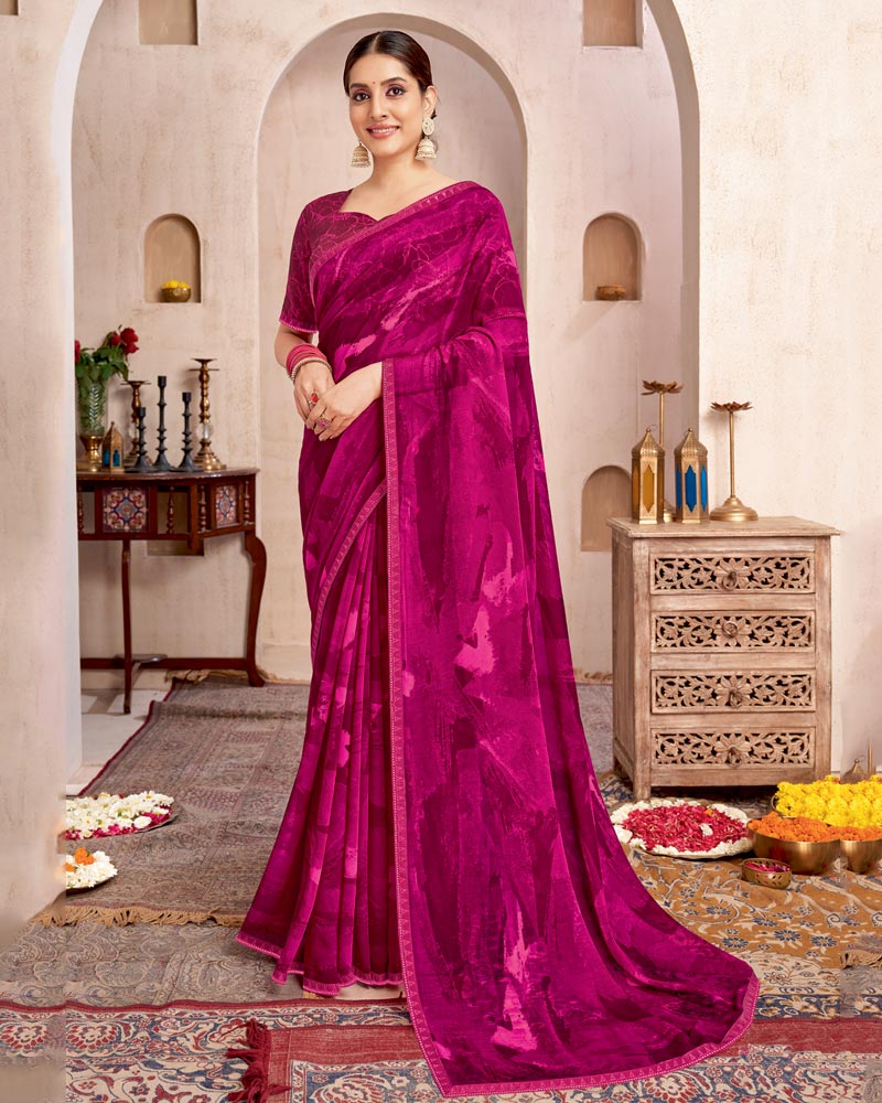 Vishal Prints Purplish Red Printed Georgette Saree With Fancy Border