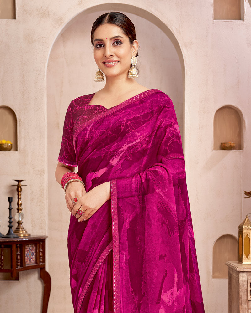 Vishal Prints Purplish Red Printed Georgette Saree With Fancy Border
