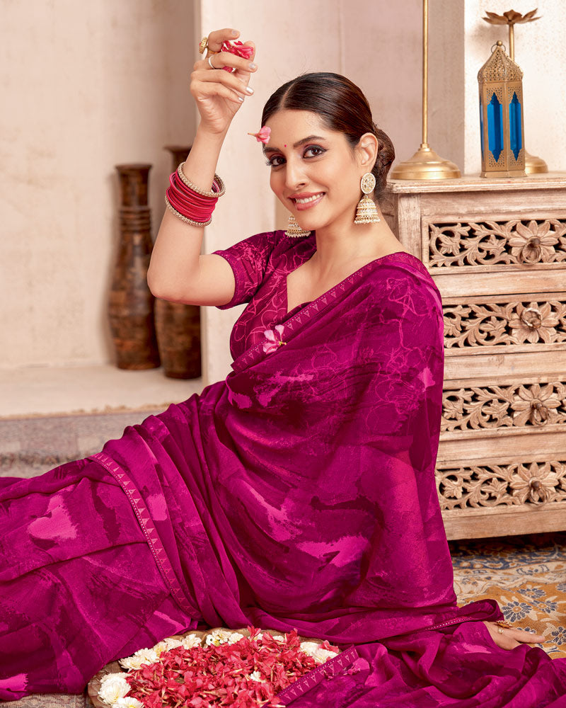 Vishal Prints Purplish Red Printed Georgette Saree With Fancy Border