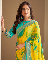 Vishal Prints Yellow And Rama Green Chiffon Saree With Floral Print And Jari Border