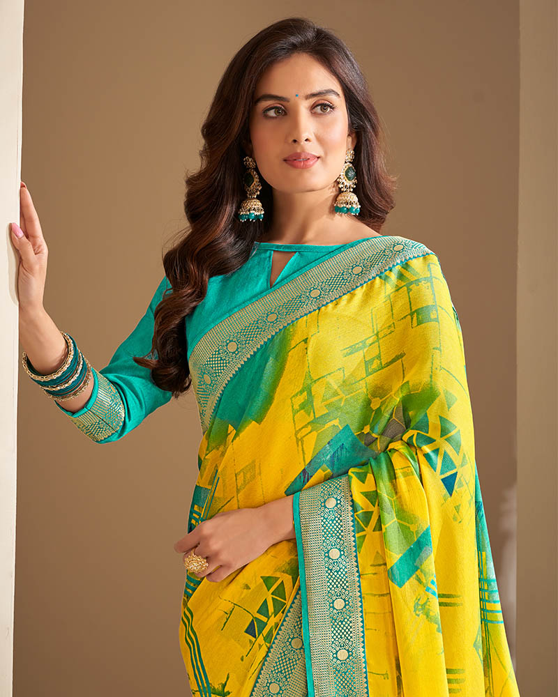 Vishal Prints Yellow And Rama Green Chiffon Saree With Floral Print And Jari Border