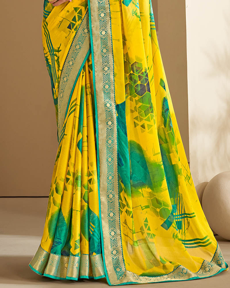 Vishal Prints Yellow And Rama Green Chiffon Saree With Floral Print And Jari Border