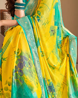 Vishal Prints Yellow And Rama Green Chiffon Saree With Floral Print And Jari Border