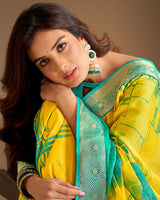 Vishal Prints Yellow And Rama Green Chiffon Saree With Floral Print And Jari Border