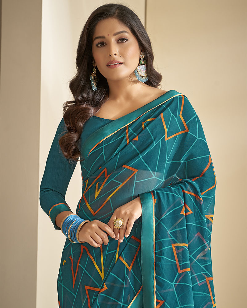 Vishal Prints Peacock Blue Georgette Saree With Satin Border