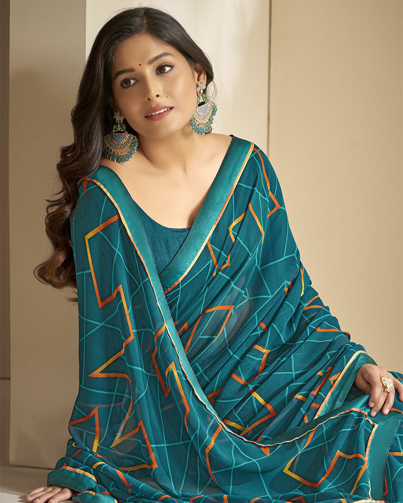 Vishal Prints Peacock Blue Georgette Saree With Satin Border