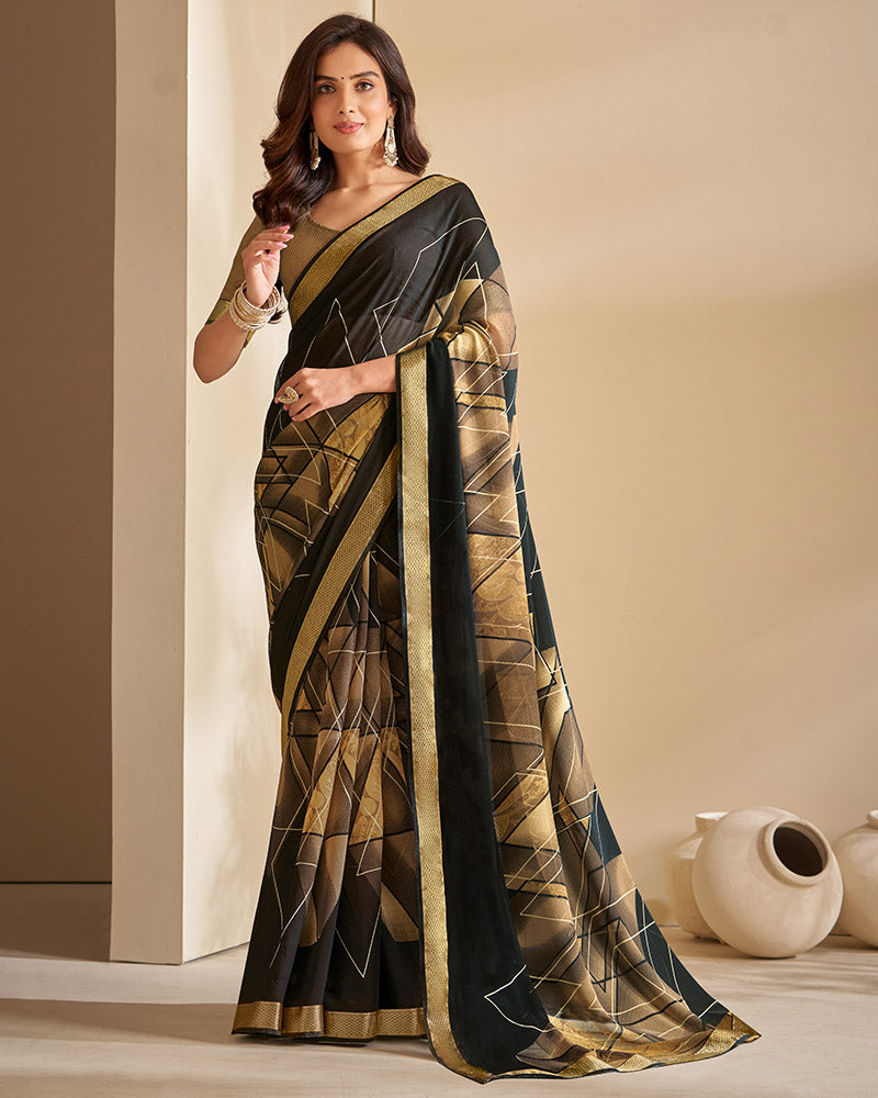 Vishal Prints Brown And Black Printed Georgette Saree With Jari Border