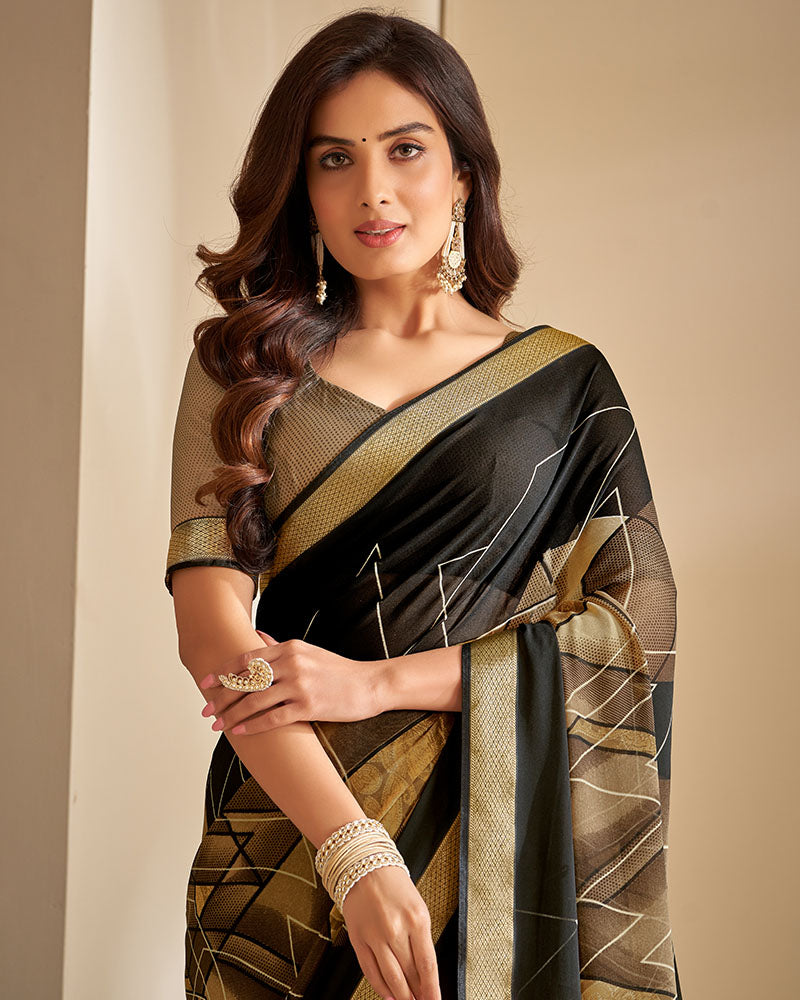 Vishal Prints Brown And Black Printed Georgette Saree With Jari Border