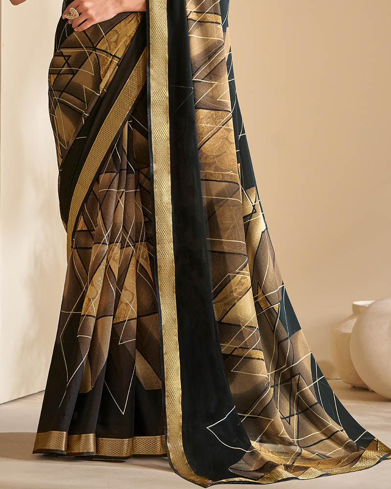 Vishal Prints Brown And Black Printed Georgette Saree With Jari Border