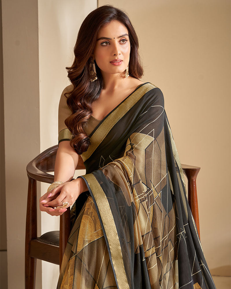 Vishal Prints Brown And Black Printed Georgette Saree With Jari Border