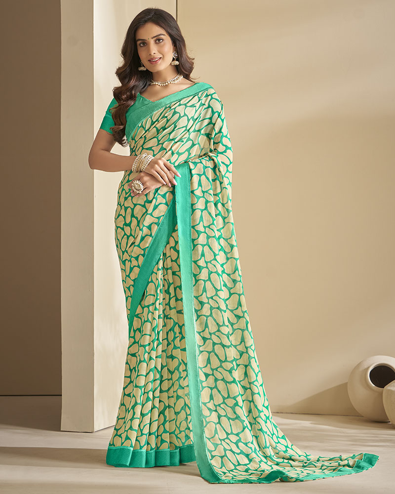 Vishal Prints Rama Green And Cream Georgette Saree With Border