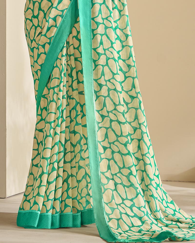 Vishal Prints Rama Green And Cream Georgette Saree With Border