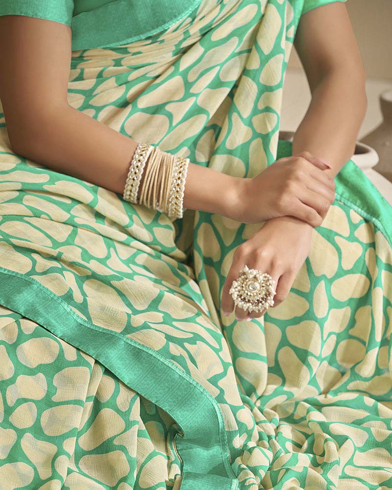 Vishal Prints Rama Green And Cream Georgette Saree With Border