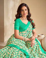 Vishal Prints Rama Green And Cream Georgette Saree With Border