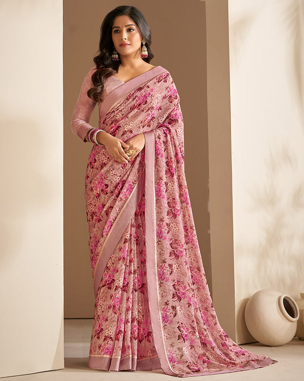 BalaJi Fab Pink Georgette Saree With Floral Print And Satin Border