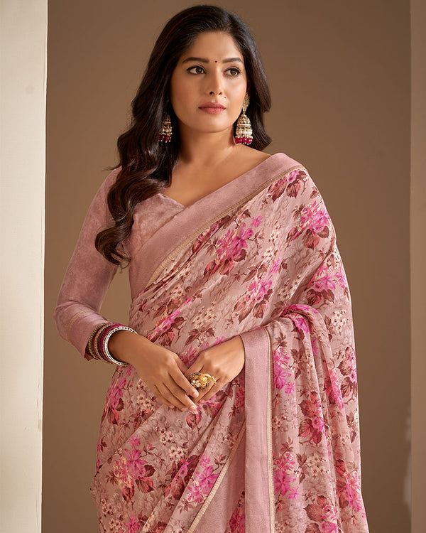 BalaJi Fab Pink Georgette Saree With Floral Print And Satin Border