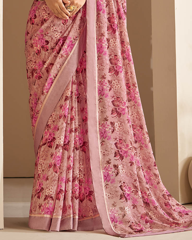 Vishal Prints Pink Georgette Saree With Floral Print And Satin Border