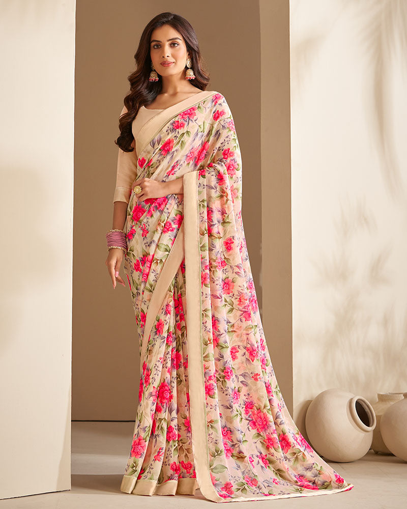 Vishal Prints Off White Printed Georgette Saree With Border