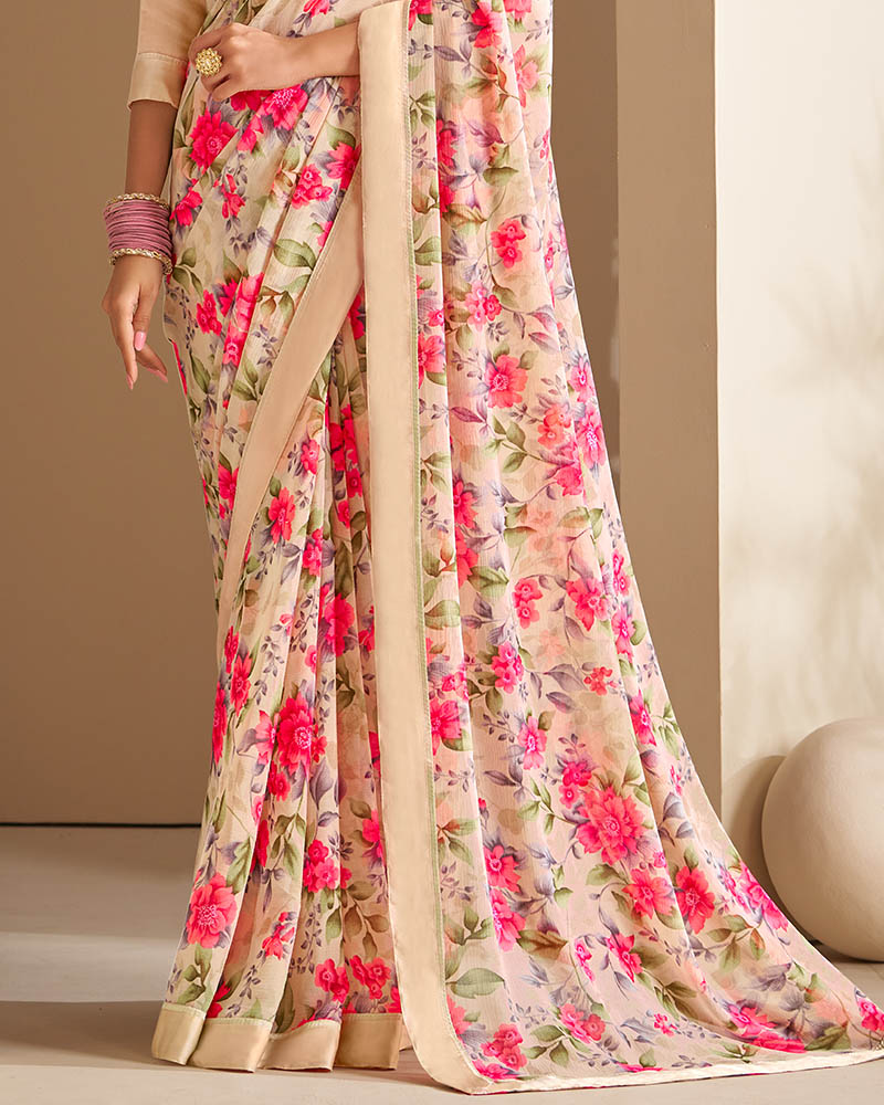 Vishal Prints Off White Printed Georgette Saree With Border