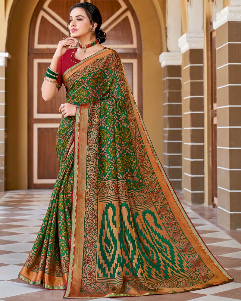 Vishal Prints Dark Aqua Green Printed Brasso Saree With Border