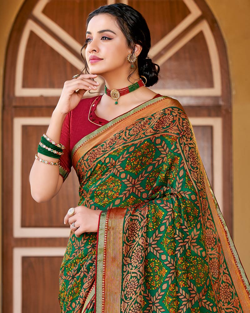 Vishal Prints Dark Aqua Green Printed Brasso Saree With Border