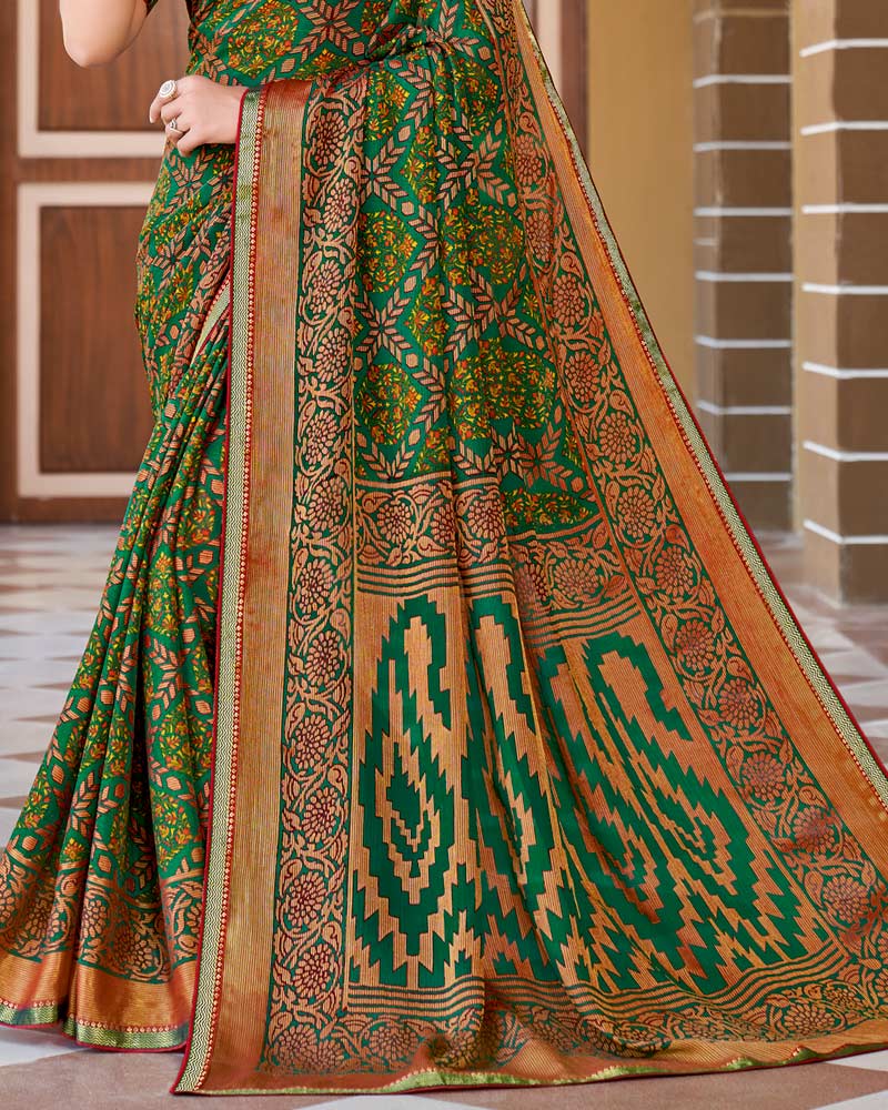 Vishal Prints Dark Aqua Green Printed Brasso Saree With Border