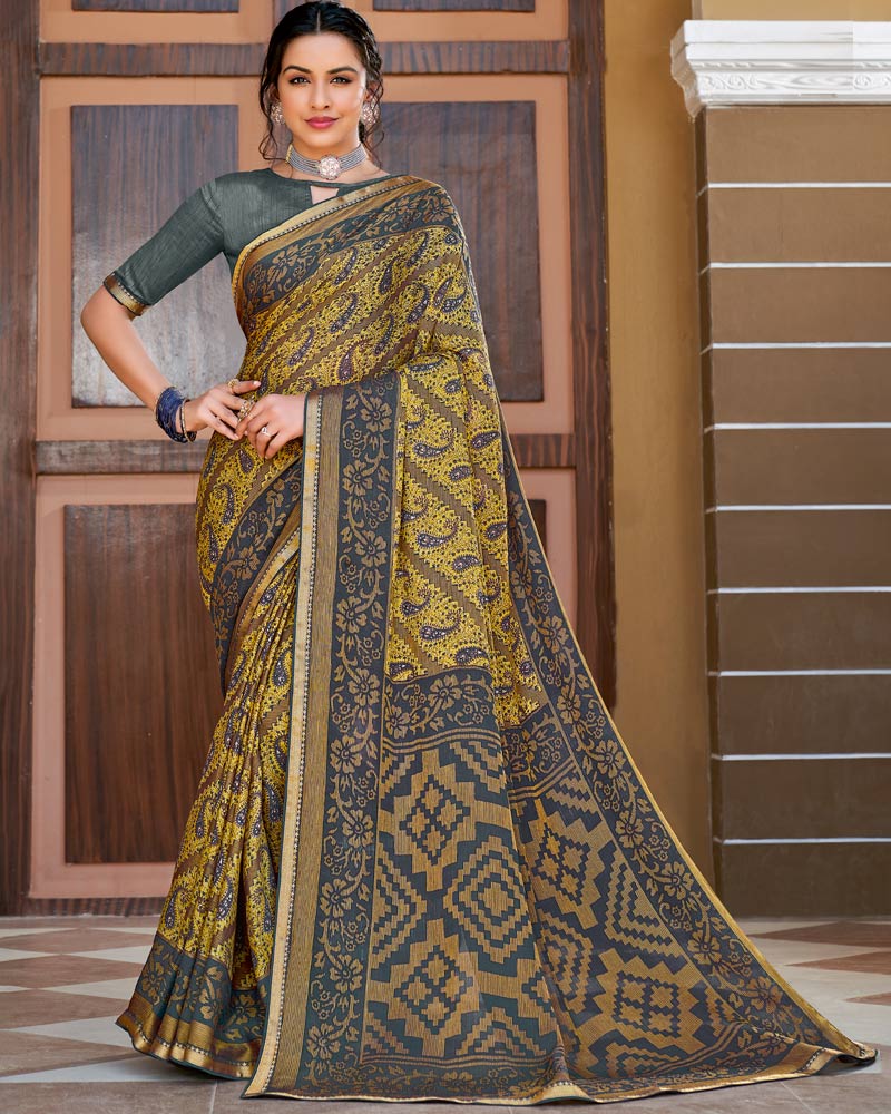 Vishal Prints Jasmine And Grey Printed Brasso Saree With Border