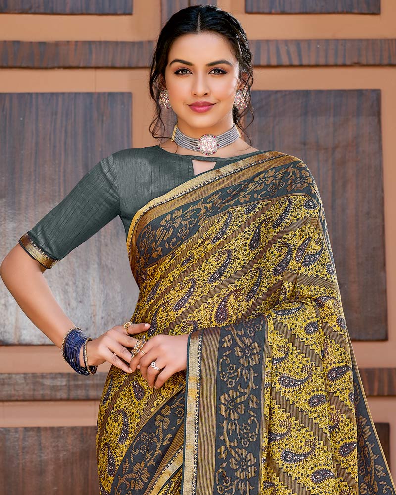 Vishal Prints Jasmine And Grey Printed Brasso Saree With Border