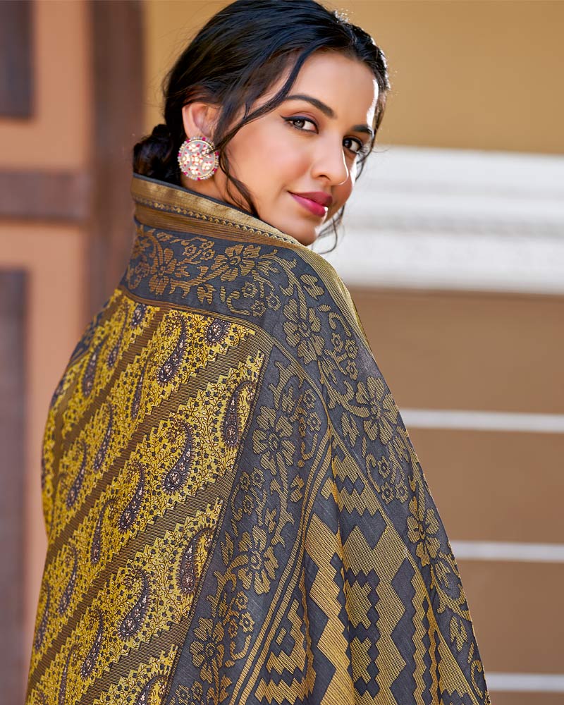 Vishal Prints Jasmine And Grey Printed Brasso Saree With Border