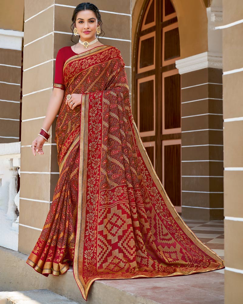 Vishal Prints Red Wine Printed Brasso Saree With Border
