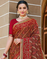 Vishal Prints Red Wine Printed Brasso Saree With Border