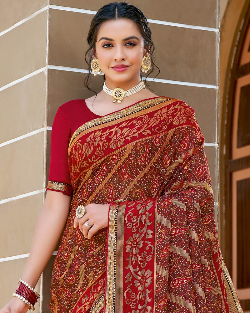 Vishal Prints Red Wine Printed Brasso Saree With Border