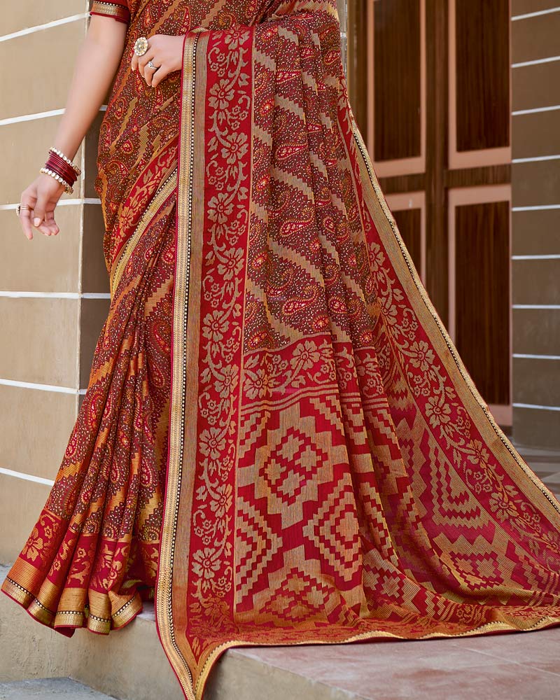 Vishal Prints Red Wine Printed Brasso Saree With Border