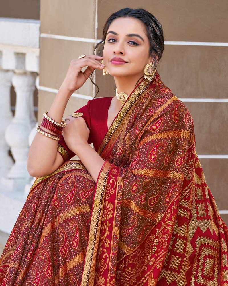 Vishal Prints Red Wine Printed Brasso Saree With Border