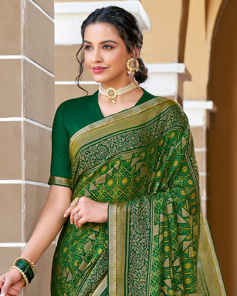 Vishal Prints Green Printed Brasso Saree With Border