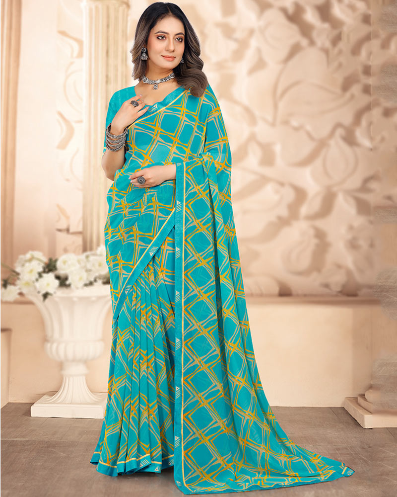 Vishal Prints Pacific Blue Printed Georgette Saree With Fancy Border