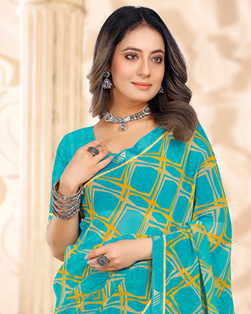 Vishal Prints Pacific Blue Printed Georgette Saree With Fancy Border